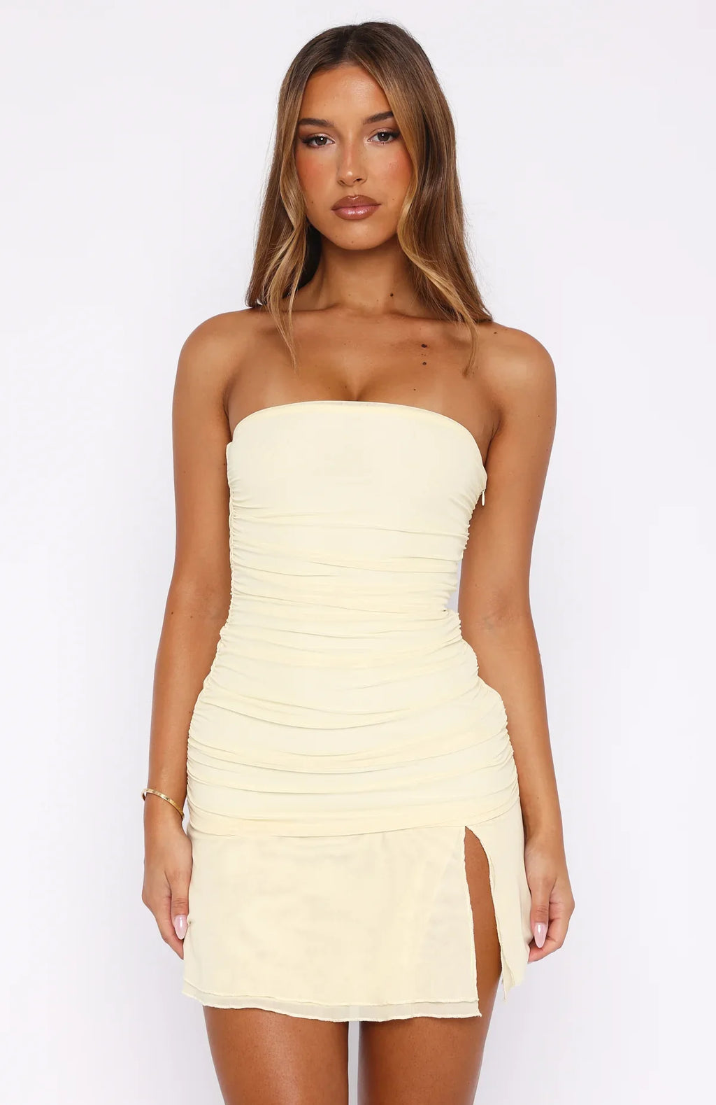 Taking Advantage Strapless Mini Dress Lemon