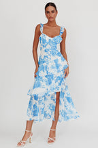 Veda Ruffle Strap Split Maxi Dress Floral White/Blue
