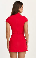 Nadia Mini Dress - Cap Sleeve Mandarin Collar Fitted Dress in Red with Red Trim