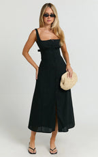 Cameron Midi Dress - Button Front Tie Back Dress in Black