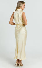 Minnie Midi Dress - Drape Neck Satin Slip Dress in Butter Yellow