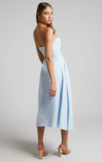 Avie Midi Dress - Twist Strapless Cocktail Dress in Ice Blue