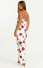 Dahlia Midi Dress - Strapless Draped Cowl Waist Fitted Dress in Scarlet Rose Print
