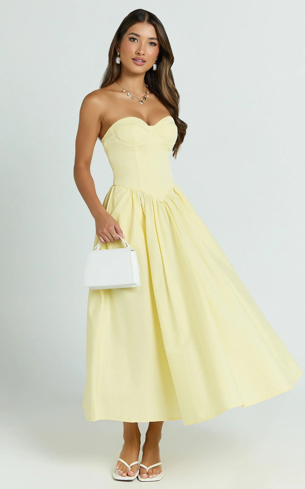 Daria Midi Dress - Strapless Corset Gathered Dress in Lemon